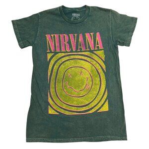 Nirvana Adult Size S Green Wash Pink Happy Face Graphic Print Tee T-Shirt ~ NWOT